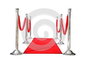 Genuine Hollywood Red Carpet with Red Velvet Ropes and Silver Stanchions, isolated on white with room for your text