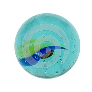 Genuine old glass marble, vintage toy. Turquoise isolated on white.