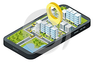 Geo location app. City map on smartphone screen