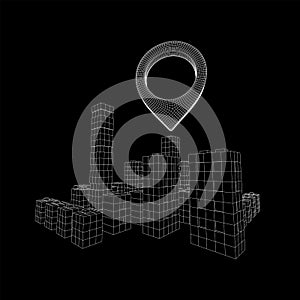 Geo map pin on Mesh Cubes City Array wireframe mesh