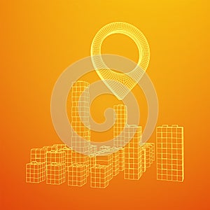 Geo map pin on Mesh Cubes City Array wireframe mesh