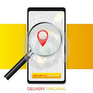 Geo map and zoom lens. Delivery tracking. City map on color background. Mobile app. Vector illustration