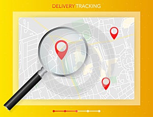 Geo map and zoom lens. Delivery tracking. City map on color background. Vector illustration.