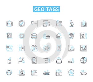 Geo tags linear icons set. Latitude, Longitude, Coordinates, Location, Maps, Finding, Direction line vector and concept