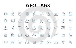 Geo tags linear icons set. Latitude, Longitude, Coordinates, Location, Maps, Finding, Direction vector symbols and line photo