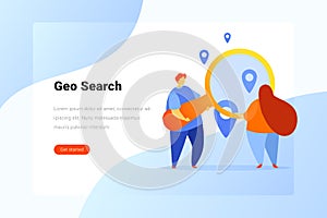 Geo Target Point Search Flat vector illustration concept. Man holding big magnifier glass woman is looking for Geo position.