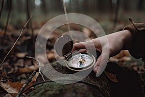 geocaching adventure with map and compass for treasure hunt in remote forest