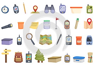 Geocaching icons set cartoon vector. Travel city