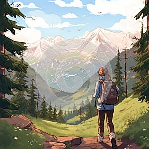 Geocaching Illustration: Hiking In The Woods With Mountains