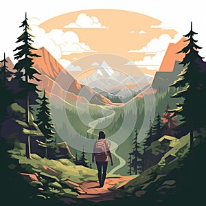 Geocaching Illustration: Hiking In The Woods With Mountains