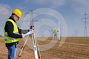 Geodesist measure land on construction site