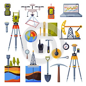 Geodesy Equipment Collection, Geodetic Engineering Instruments and Devices Flat Style Vector Illustration on White