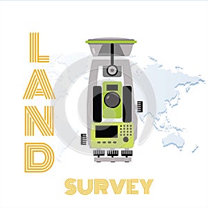 Geodesy equipment vector illustration. Measuring instruments in flat design on world map bsckground