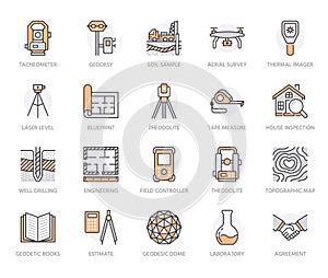 Geodesy flat line icons. Geodetic survey engineering equipment, tacheometer, theodolite, tripod. Geological research