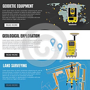 Geodesy measuring equipment banner set, engineering technology for land survey, geodesy, engineering