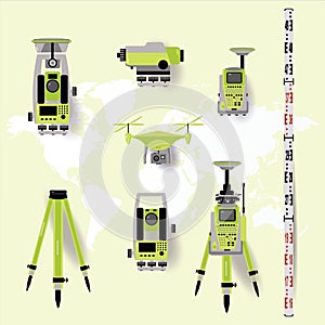 Geodesy measuring equipment, engineering technology for land survey on world map background. Flat design