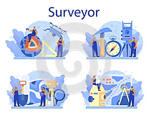 Geodesy science concept set. Land surveying technology. Engineering