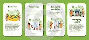 Geodesy science mobile application banner set. Land surveying