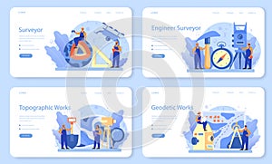 Geodesy science web banner or landing page set. Land surveying