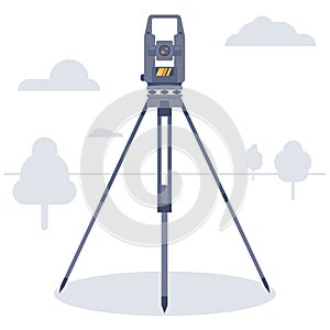 Geodetic instrument in a field with trees. Cadastral equipment. Theodolite. Vector Illustration