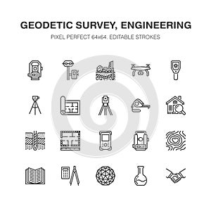 Geodetic survey engineering vector flat line icons. Geodesy
