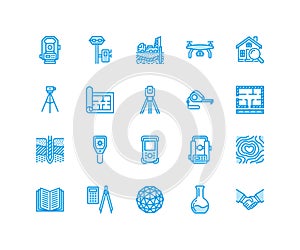 Geodetic survey engineering vector flat line icons. Geodesy equipment, tacheometer, theodolite, tripod. Geological