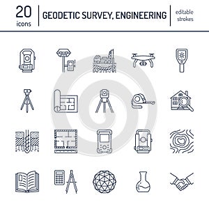 Geodetic survey engineering vector flat line icons. Geodesy equipment, tacheometer, theodolite, tripod. Geological