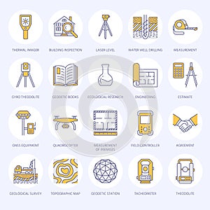 Geodetic survey engineering vector flat line icons. Geodesy equipment, tacheometer, theodolite, tripod. Geological