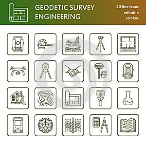 Geodetic survey engineering vector flat line icons. Geodesy equipment, tacheometer, theodolite, tripod. Geological