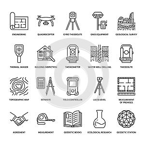 Geodetic survey engineering vector flat line icons. Geodesy equipment, tacheometer, theodolite, tripod. Geological