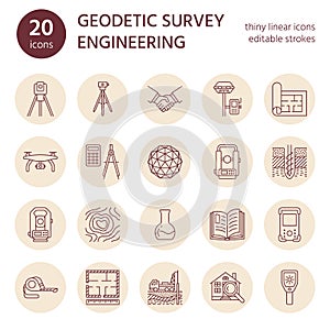 Geodetic survey engineering vector flat line icons. Geodesy equipment, tacheometer, theodolite, tripod. Geological