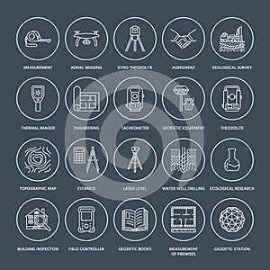 Geodetic survey engineering vector flat line icons. Geodesy equipment, tacheometer, theodolite, tripod. Geological photo