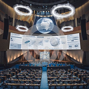 Geoengineering Debates: 'A conference hall where delegates argue under a massive globe projected photo