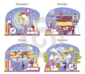 Geographer concept set. Studying the lands, features, inhabitants