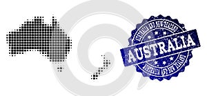 Composition of Halftone Dotted Map of Australia and New Zealand and Grunge Stamp Watermark
