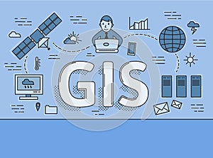 Geographic Information System, GIS flat line concept. Vector illustration on blue background. Horizontal.