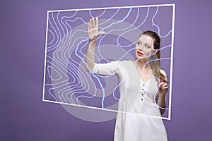 Geographic information systems concept, woman scientist working with futuristic GIS interface on a transparent screen.