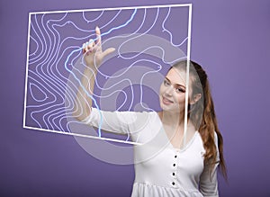 Geographic information systems concept, woman scientist working with futuristic GIS interface on a transparent screen.