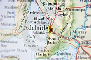 Geographic map of Australia with Adelaide city