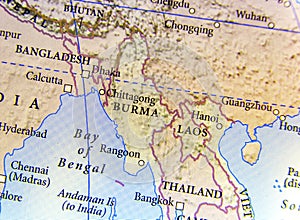 Geographic map of Burma, Bangladesh, and Laos country with important cities