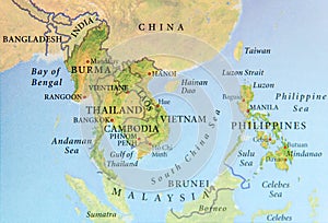 Geographic map of Burma, Thailand, Cambodia, Vietnam and Philippines with important cities