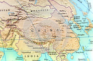 Geographic map of China country with important cities