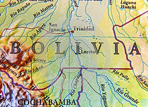 Geographic map of country Bolivia close