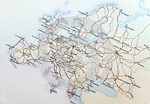 Geographic map of European countries with highroad close