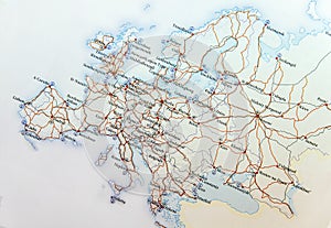Geographic map of European countries with highroad close photo