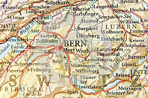 Geographic map of European country Switzerland with capital Bern city