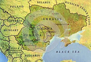 Geographic map of European country Ukraine, Moldova and Romania photo