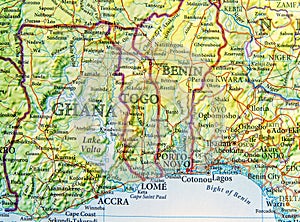 Geographic map of Ghana, Togo and Benin with important cities