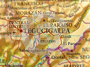 Geographic map of Honduras city Tegucigalpa close