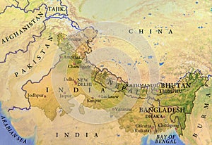 Geographic map of India, Nepal, Bhutan and Bangladesh with important cities photo